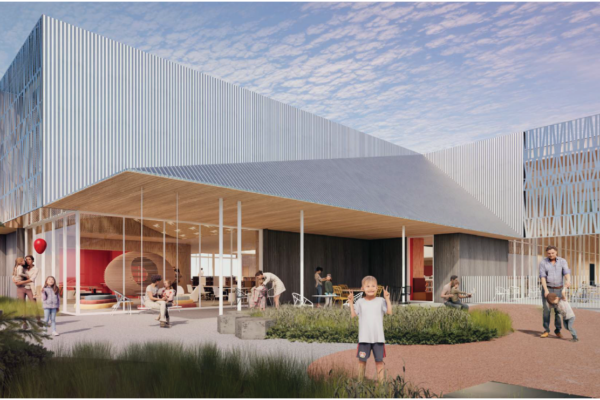 Rendering of a large building that says "Library". Various people sit and stand around the building including a child making the peace sign.