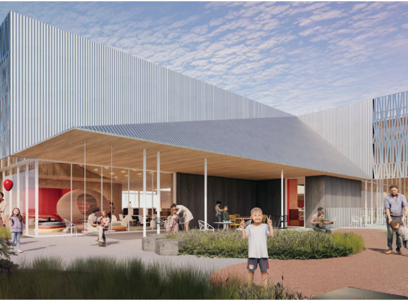 Rendering of a large building that says "Library". Various people sit and stand around the building including a child making the peace sign.