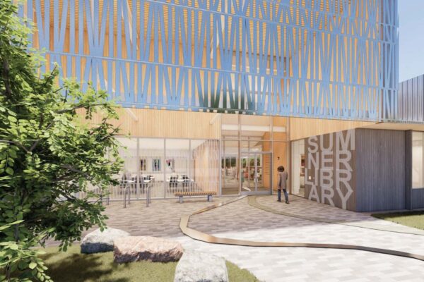 Rendering of outside of a new library building.