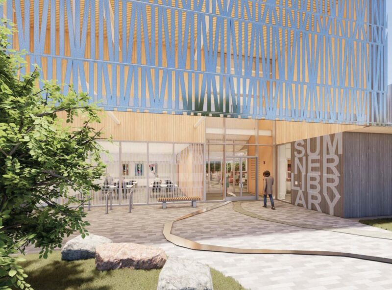 Rendering of outside of a new library building.