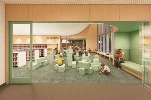 Rendering of a Children's Area in a library with soft seating and children playing