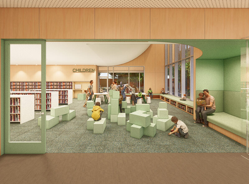 Rendering of a Children's Area in a library with soft seating and children playing