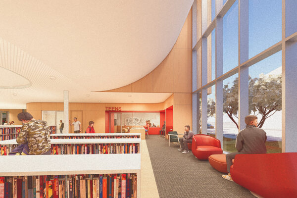 Rendering of a Teen Area of the library with book shelves, a large window and teens using the library.