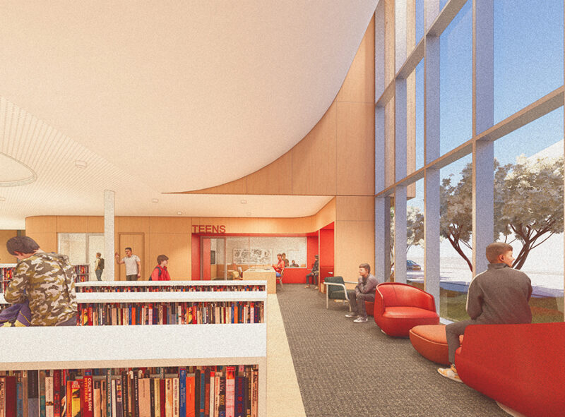 Rendering of a Teen Area of the library with book shelves, a large window and teens using the library.
